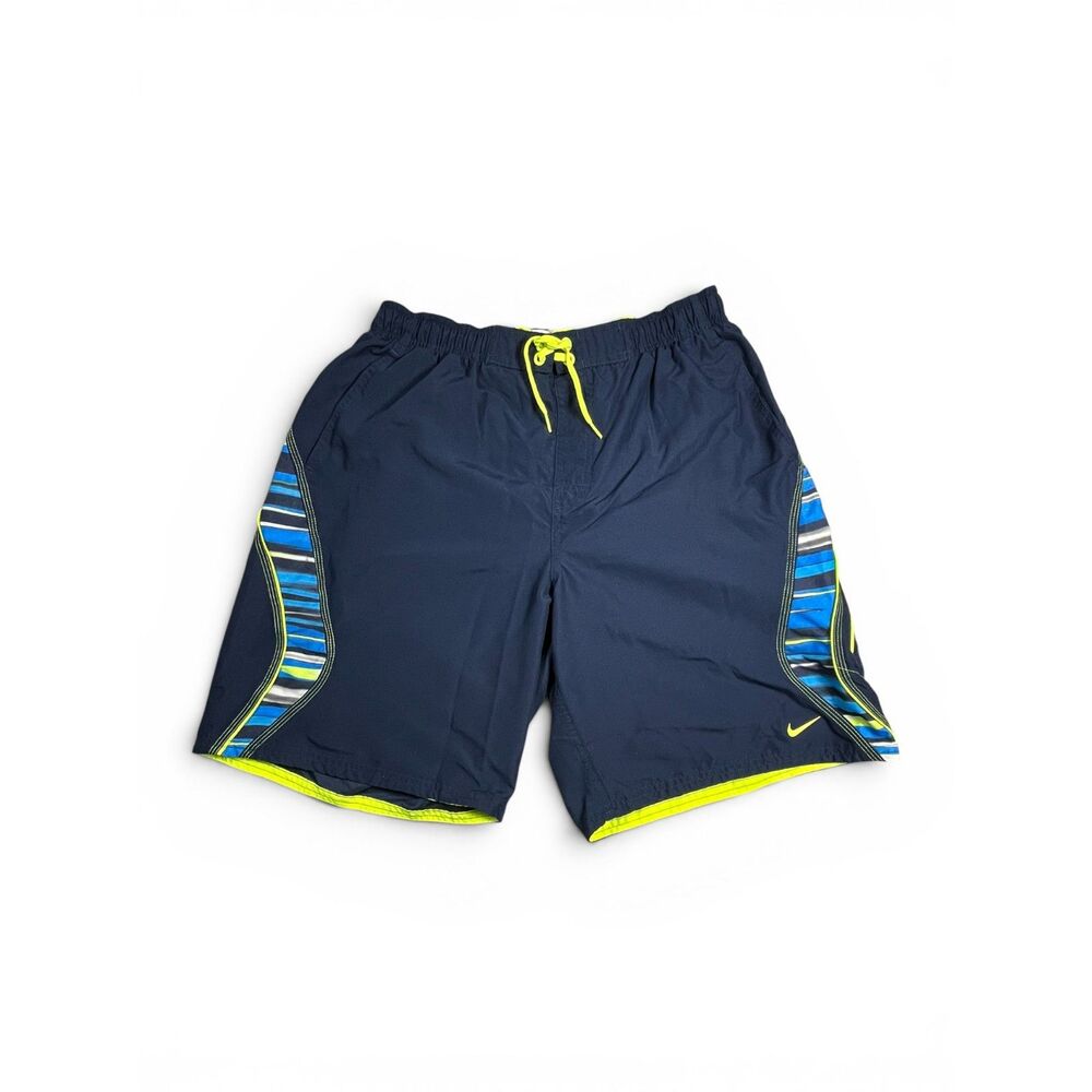 Nike Swim Trunks Mens L Navy Neon Stripe Mesh Lined